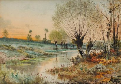 Hippolyte Jean GIDE (1852 - 1921) Paysage lacustre aux saules Aquarelle 37 x 54 cm...