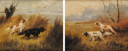 Eugène PETIT (1839 - 1886) Chiens de chasse Paire d'huiles sur toile sur leurs toiles...