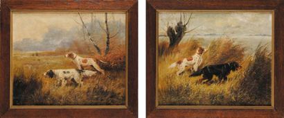 Eugène PETIT (1839 - 1886) Chiens de chasse Paire d'huiles sur toile sur leurs toiles...