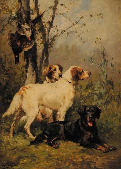Olivier Charles DE PENNE (1831-1897) Chiens de chasse devant des perdrix Huile sur...