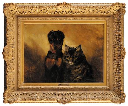 Philippe ROUSSEAU (1816-1887) Chien et chat Huile sur toile Signé en bas à gauche...