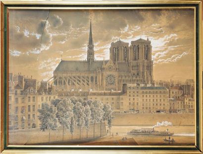 Albert-Charles TISSANDIER (1839-1906) Vue de la façade latérale nord de Notre Dame...