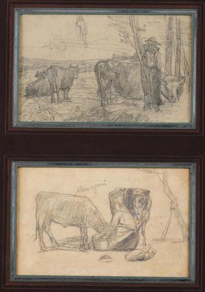 Eugène BOUDIN (1824-1898) Fermier et son troupeau Fermière et ses vaches Deux dessins...