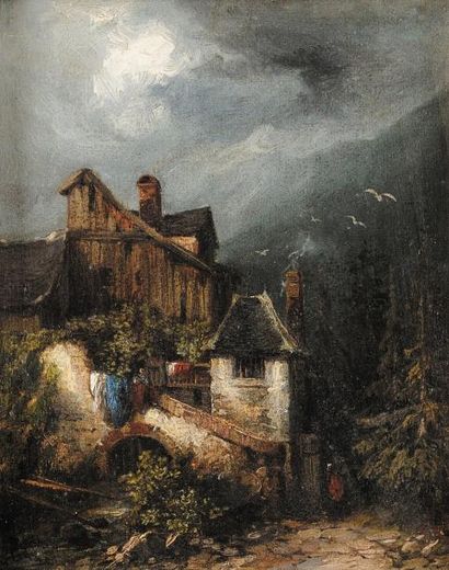 Gabriel Hippolyte LEBAS (1812-1880) Village dans la vallée Huile sur papier marouflé...