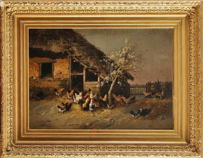 Alexandre DEFAUX (1826 - 1900) Le poulailler Sur sa toile d'origine Signé en bas...