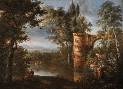 Isidore DAGNAN (1794 - 1873) Vue romantique d'un lac Sur sa toile d'origine Signé...