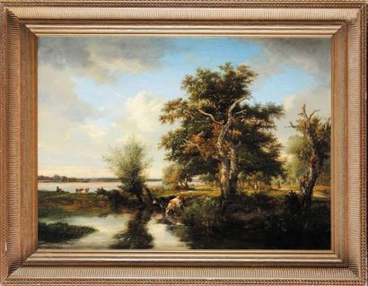 Jules ANDRÉ (1807-1869) L'abreuvoir Huile sur toile Signé en bas à gauche 46 x 63...