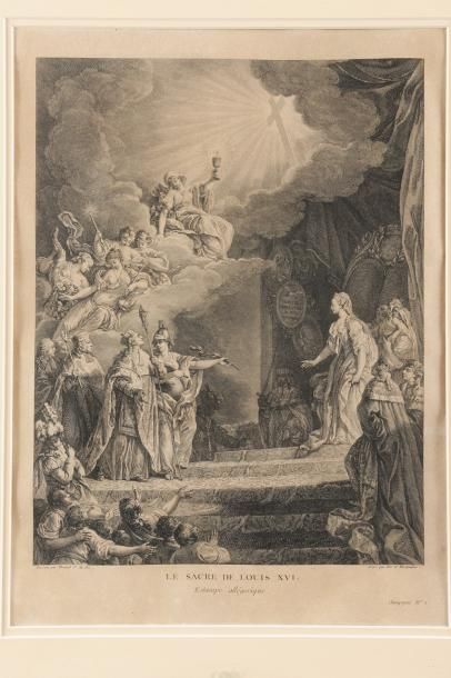 null «Le Sacre de Louis XVI.» Gravure par Monnet, Peintre du Roi. 36,5 x 26 cm. Encadré....