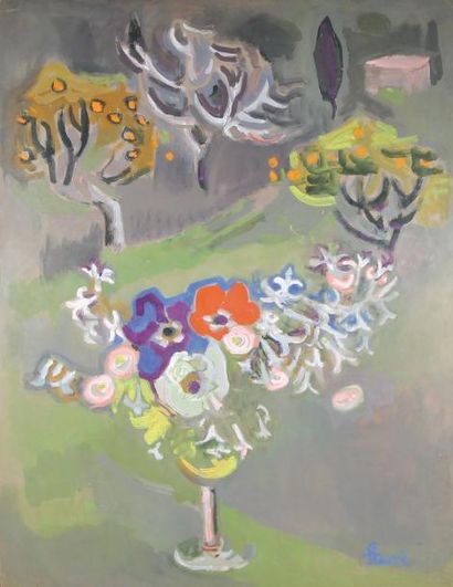 Suzanne TOURTE (1904-1979) Le printemps Gouache sur papier sbd 67 x 50 cm