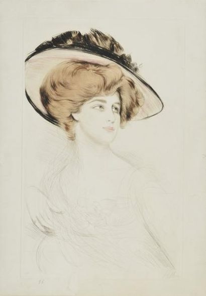 HELLEU Paul César, 1859-1927 Élégante au chapeau pointe-sèche en couleur, porte un...