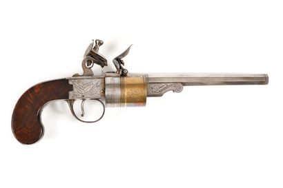 null RARE AND INTERESTING FIVE-SHOT, 41 CALIBER FLINTLOCK SYSTEM REVOLVER WITH HAND-TURNED...