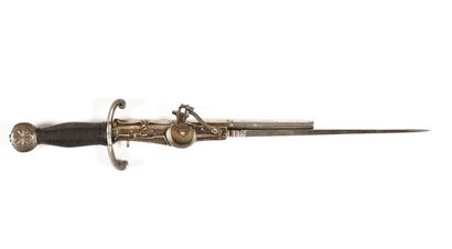 null FINE ROUET PISTOL DAGGER. 
Round pommel chased with eight-petal flowers on both...