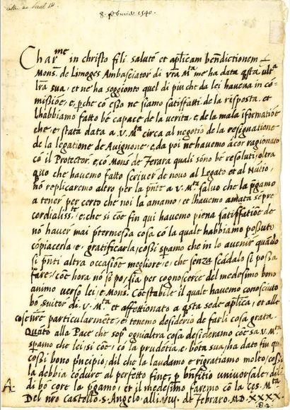  PAUL III (ALESSANDRO FARNESE, DIT).
Lettre autographe signée de son initiale « .A.... Gazette Drouot