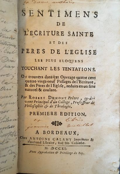 null DUMONT: Sentimens de l'écriture sainte...Bordeaux, Calamy, 1711. In-8 contemporary...