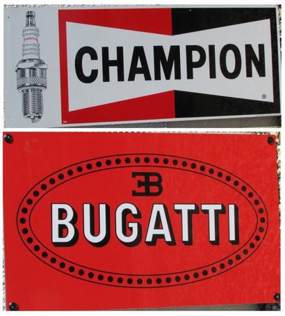 null Lot comprenant 2 tôles peintes: Bougies Champion (38 x 91 cm) et Bugatti (32...
