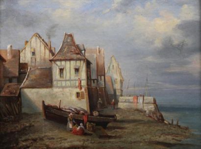 François Etienne MUSIN (1820-1888) Scène porturaire Huile sur toile marouflée sur...