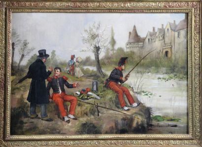 ECOLE FRANCAISE DU XIXème siècle Les Loisirs des Soldats Huile sur toile signée en...
