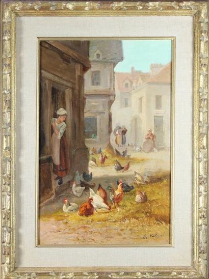 VOLZ E. (XIXème siècle) Fermières et poules dans une cour Huile sur panneau signée...