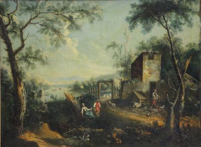Ecole française fin XVIIIème siècle Paysage Huile sur toile 84,5 x 106 cm (resta...