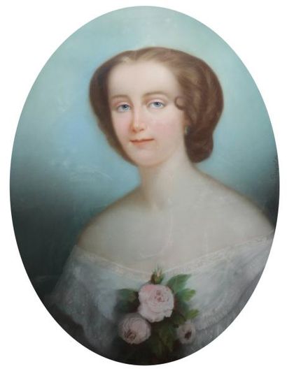 E. de BAYALOS (XIXème siècle) Portrait de Madame le pecq de la cloture Pastel ovale...