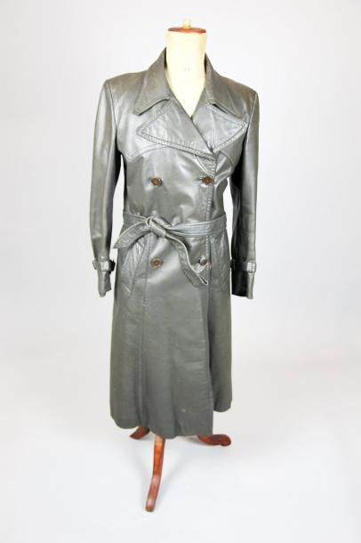 CERRUTI Manteau long en cuir gris Taille 50