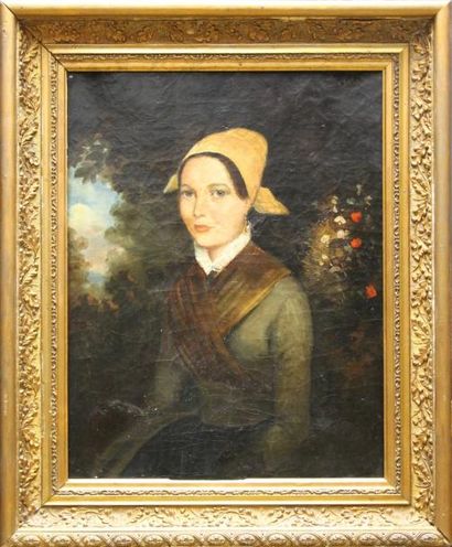 ECOLE FRANCAISE DU XIXème siècle Portrait de femme à la coiffe Huile sur toile 48,5...