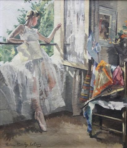 Reine VIRELY (XXème siècle) La danseuse au balcon Huile sur toile signée en bas à...