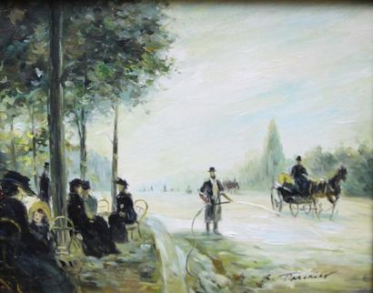 R.TIMONIER (XXème siècle) Promenade aux Tuileries Huile sur toile signée en bas à...