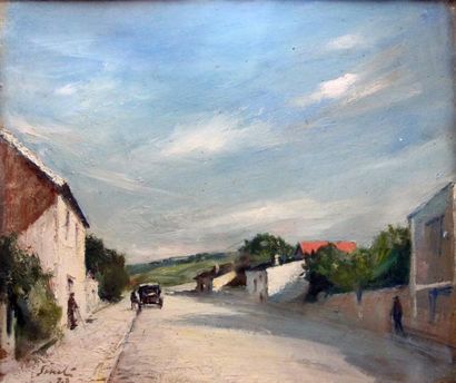 André SINET (1867- ?) Rue de village Huile sur carton signé en bas à gauche et daté...