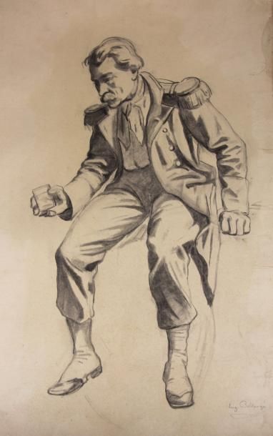 Eugène BELLANGE (1837-1895) Soldat assis Crayon signé en bas à droite 44,5 x 29 ...