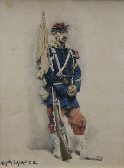 Alphonse LALAUZE (1872-1936) Portrait d'officier Pointe sèche rehaussée à l'aquarelle...