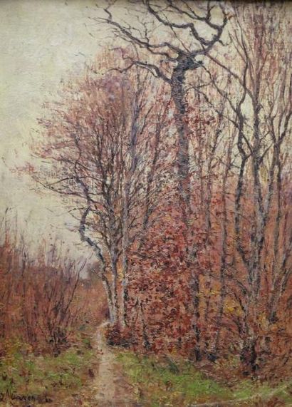 Joseph CARON (XIXème siècle) Sous bois en forêt de Fontainebleau Huile sur panneau...
