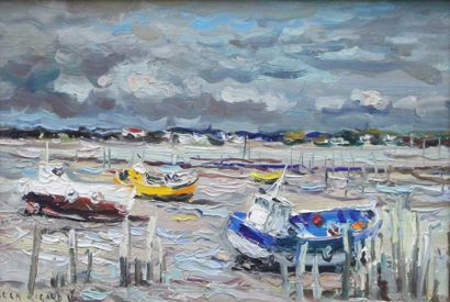 Jean RIGAUD (1912-1999) Port à marée basse Huile sur toile signée en bas à gauche...