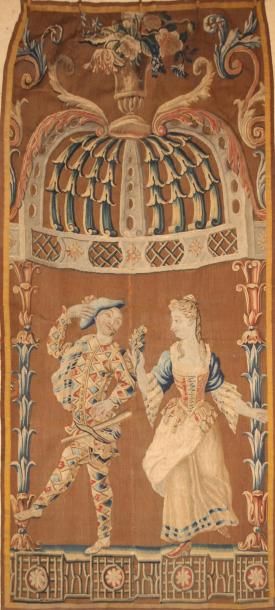 MANUFACTURE DE BAUVAIS L'arlequin et la femme à la rose Portière en tapisserie 238...