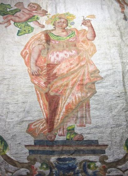 ITALIE, début du XVIIIème siècle Broderie en soie et toile à décor de Déméter, déesse...
