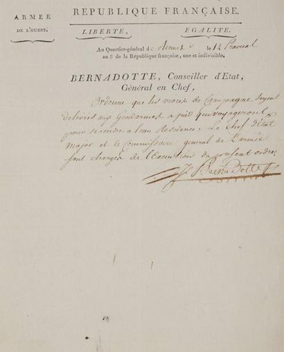 BERNADOTTE (Jean-Baptiste-Jules) Lettre signée «J. Bernadotte» avec 9 mots autographes,...