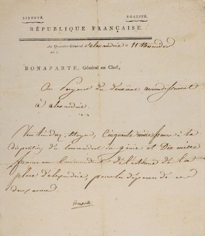 BONAPARTE (Napoléon) Ordre signé «Bonaparte», adressé à Pierre-Joseph-Marie Baude,...