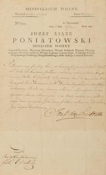 PONIATOWSKI (Joseph) Lettre signee á Jozef xi.ze Poniatowski [Joseph prince Poniatowski]...