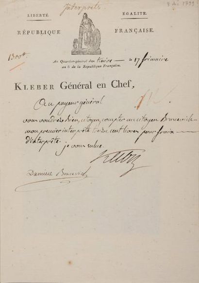 KLÉBER (Jean-Baptiste) Ordre signé, adressé au payeur général de l'armée d'Égypte....