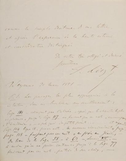 LISZT (Franz) Lettre autographe signée, en français, à la Gazette d?Augsbourg. Weimar,...