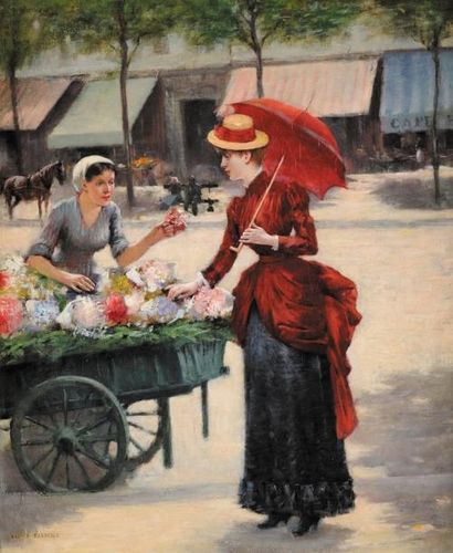 Maxime DASTUGUE (1851-1909) Le marché aux fleurs Huile sur toile Signé en bas à gauche...