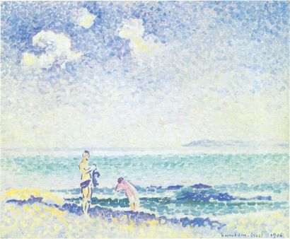 Henri Edmond Cross (1856 -1910) (*)Baigneurs Huile sur toile Signé et daté en bas...