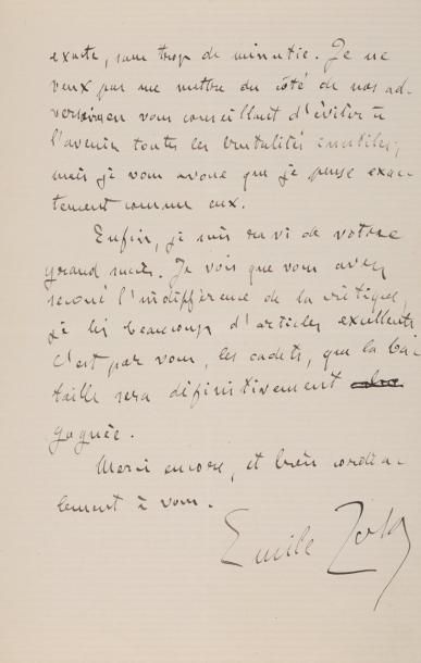 ZOLA (Emile) Lettre autographe signée à son «cher confrère». Médan, 22 octobre 1883....