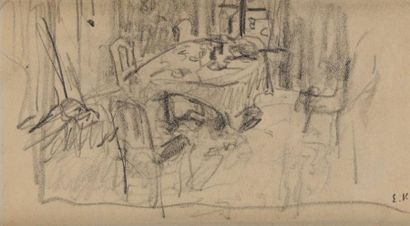 Edouard VUILLARD (1868-1940) La salle à manger Fusain Signé en bas à gauche 8,5x...