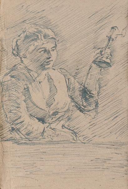 Armand SÉGUIN (1869-1904) Paysanne avec lampe Dessin à la plume Signé, titré et situé...