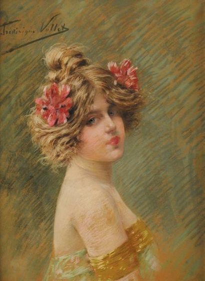 Frederique VALLET-BISSON (1865-?) Portrait de Geneviève Bouix Pastel Signé en haut...