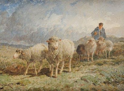 Félix Saturnin BRISSOT de WARVILLE (1818-1892) Berger et ses moutons Aquarelle Signé...
