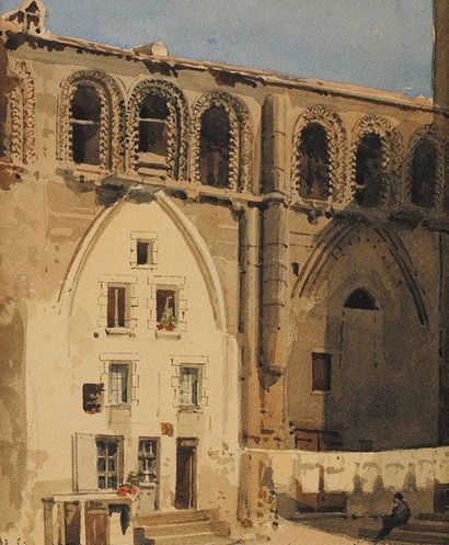 Jean-Henri CHOUPPE (1817-1894) Vue d'église Aquarelle et crayon Signé en bas à gauche...