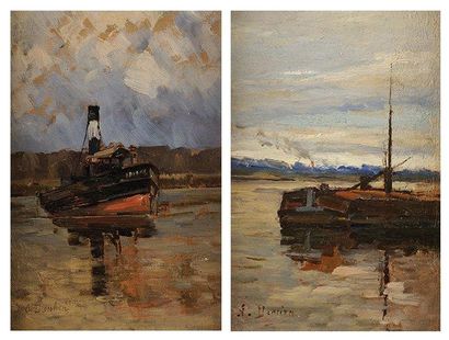 Antony DAMIEN (1858-1943) Marine Paire d?huiles sur panneaux Signées en bas à gauche...