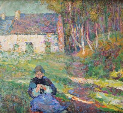 Victor CHARRETON (1864-1936) Jeune femme à l'ouvrage Huile sur carton fort Signée...